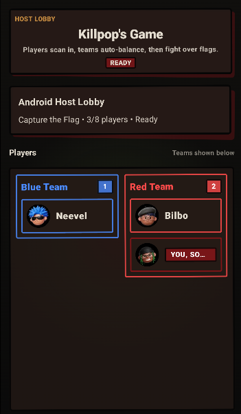 Host lobby with players split into teams