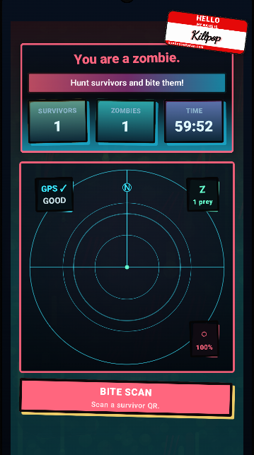 Zombie Tag zombie screen with bite scan button